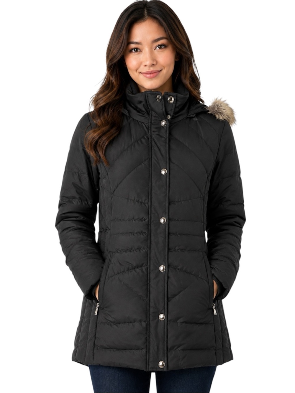 London Fog Black Quilted Puffer Coat with Faux Fur Trim, Removable Hood Size XS